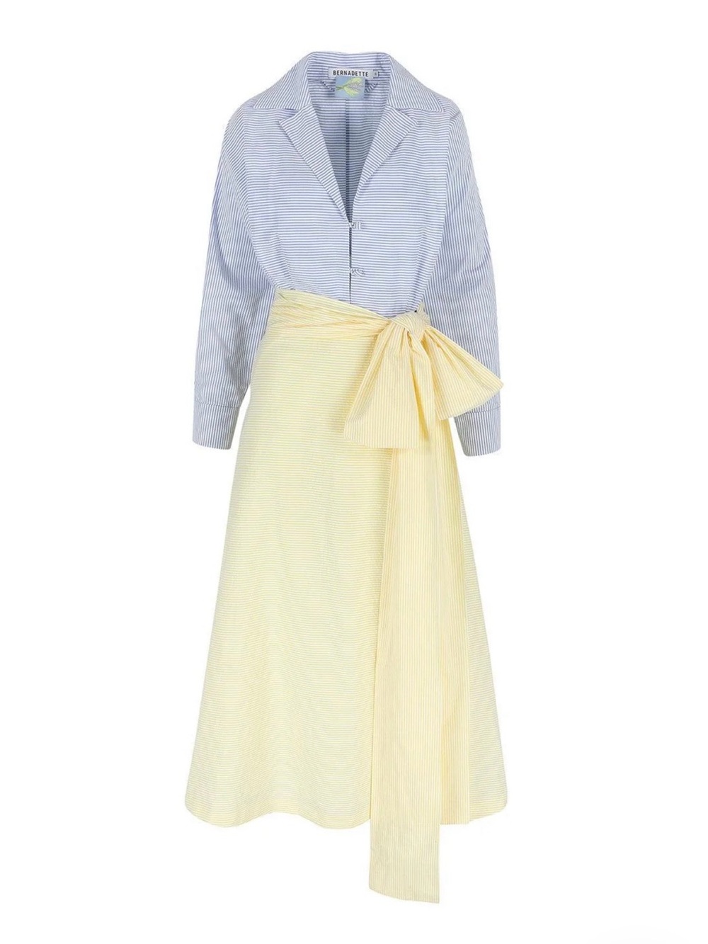 Striped Midi Shirt Dress with Bow Waist in Light Blue & Pale Yellow